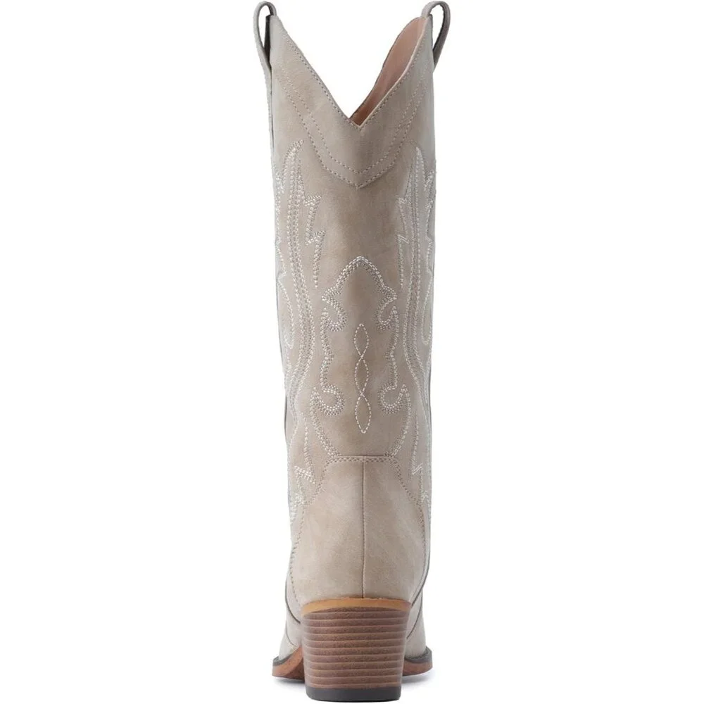 Women's Tan Chunky Heel Mid Calf Snip Toe Embroidery Western Elegance Boots - Picture 5 of 5